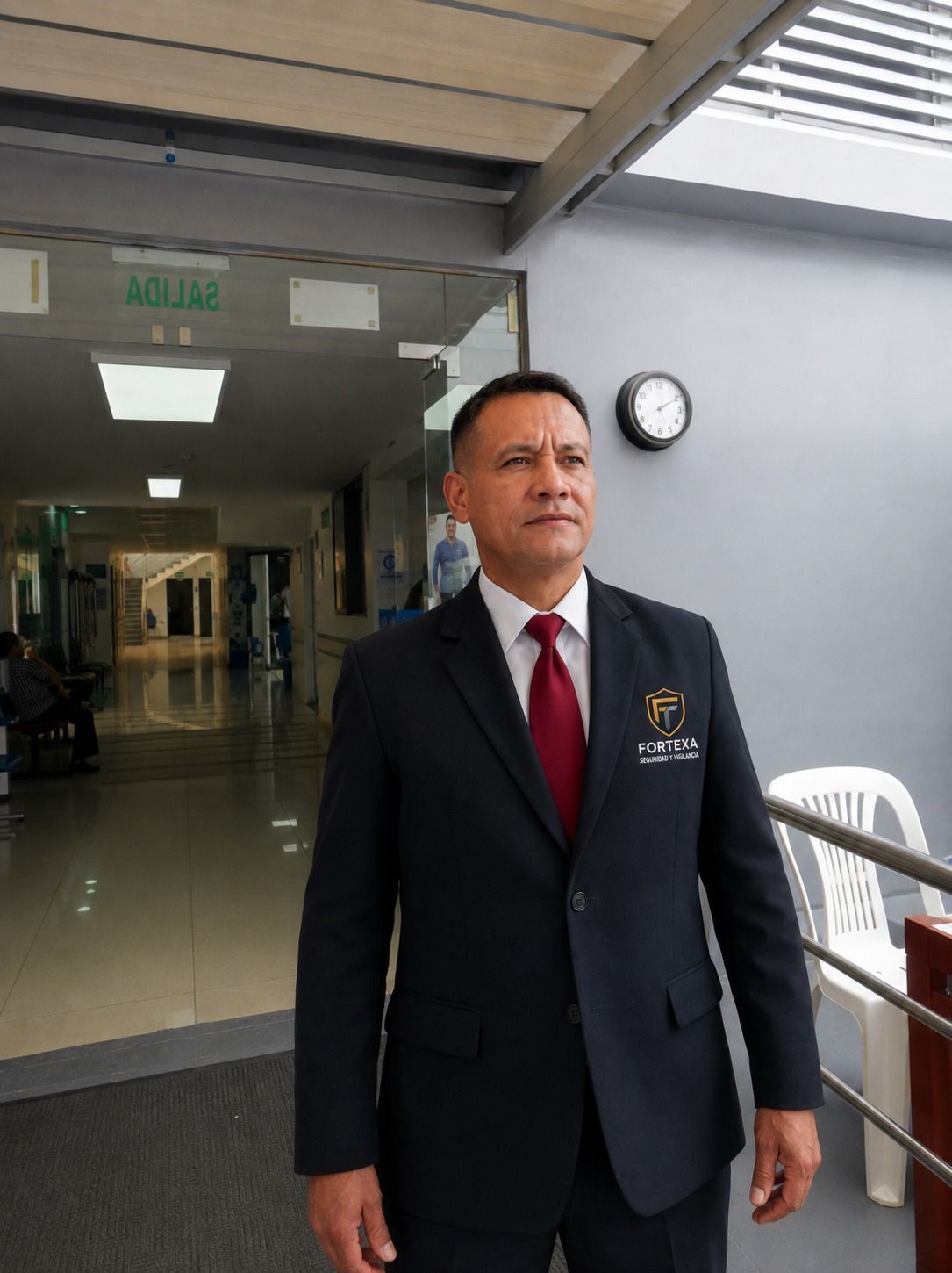 Un hombre con traje oscuro y corbata roja está de pie en un pasillo cerca de una entrada de cristal, mirando hacia un lado.