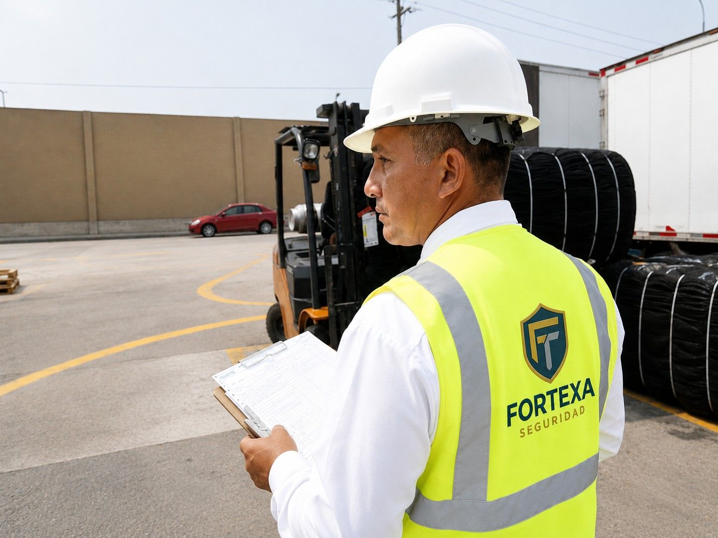 Trabajador con casco blanco y chaleco reflectante sosteniendo un portapapeles junto a una carretilla