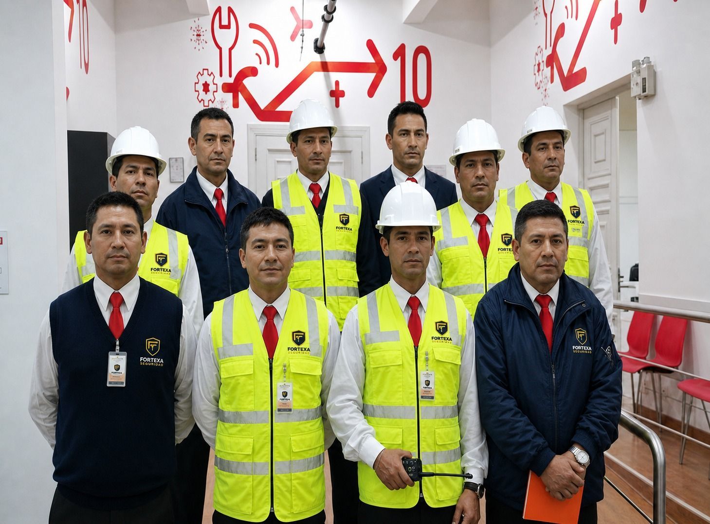 Grupo de trabajadores con cascos y chalecos de seguridad posando en un pasillo industrial luminoso con señalización roja.