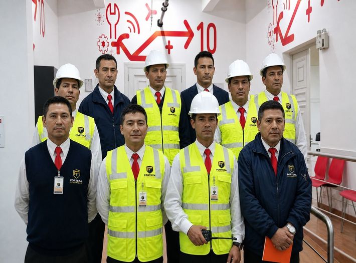 Grupo de trabajadores con cascos y chalecos de seguridad posando en un pasillo industrial luminoso con señalización roja.