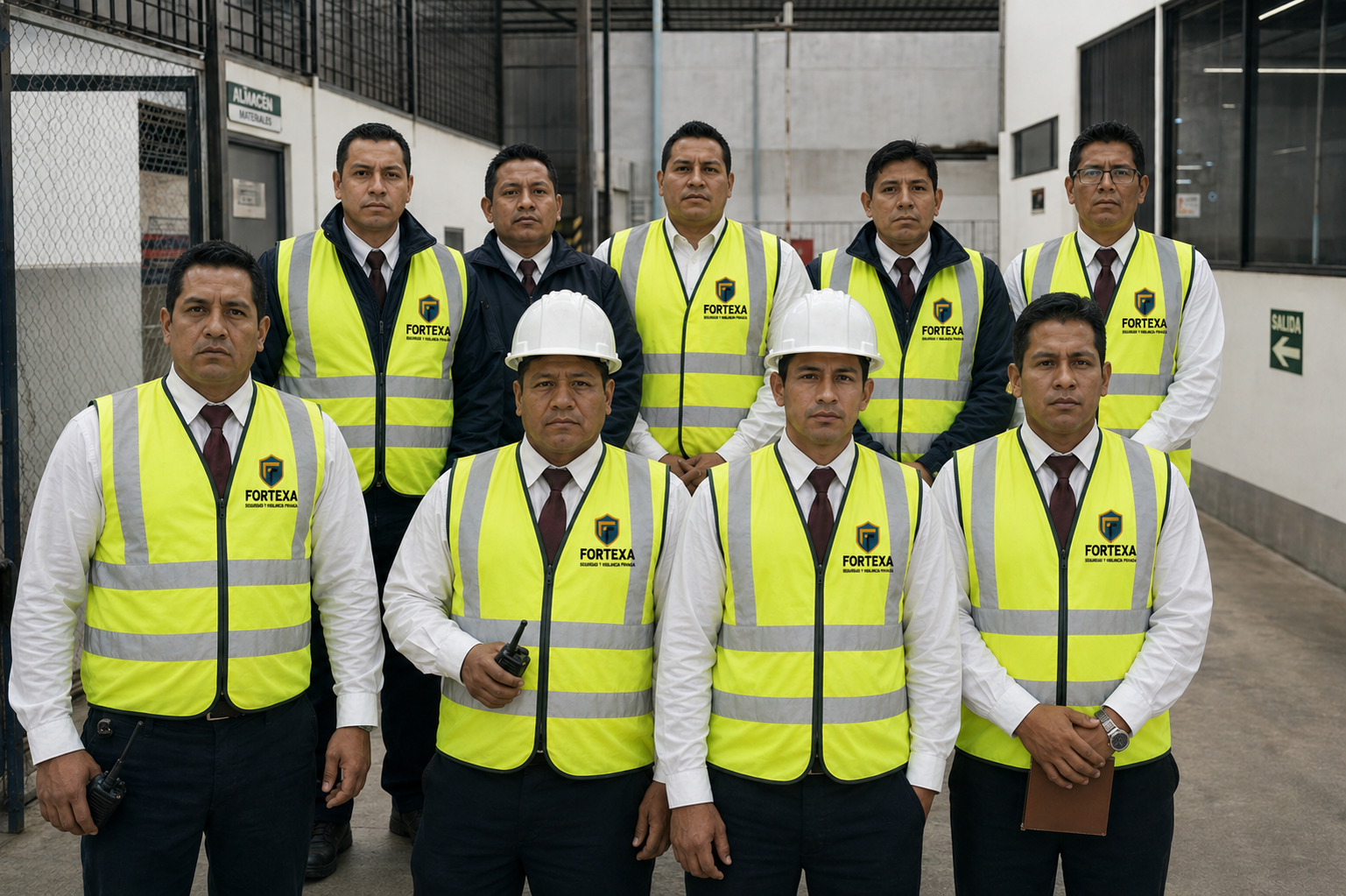 Grupo de trabajadores con cascos y chalecos de seguridad posando en un pasillo industrial luminoso con señalización roja.