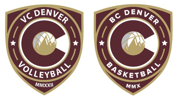 Two team logos: VC Denver Volleyball and BC Denver Basketball. Both have a Colorado