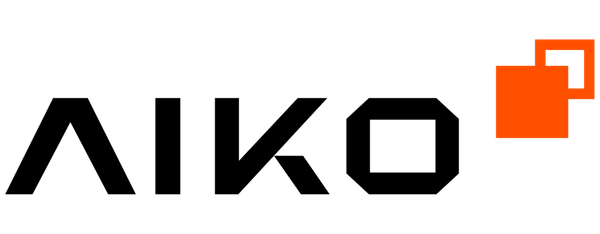 AIKO logo in black with an orange geometric square icon on a white background