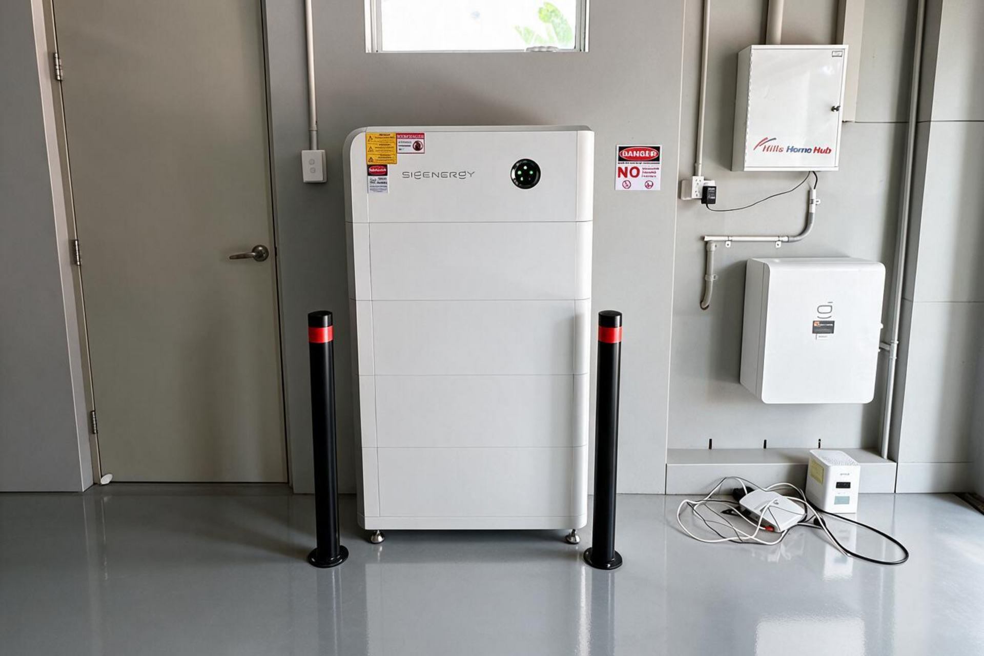 White electrical cabinet with warning labels in a utility room, flanked by black stanchions and wall-mounted boxes.