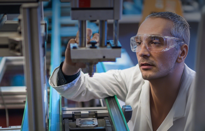 Scientist in safety glasses adjusting lab equipment in a modern laboratory