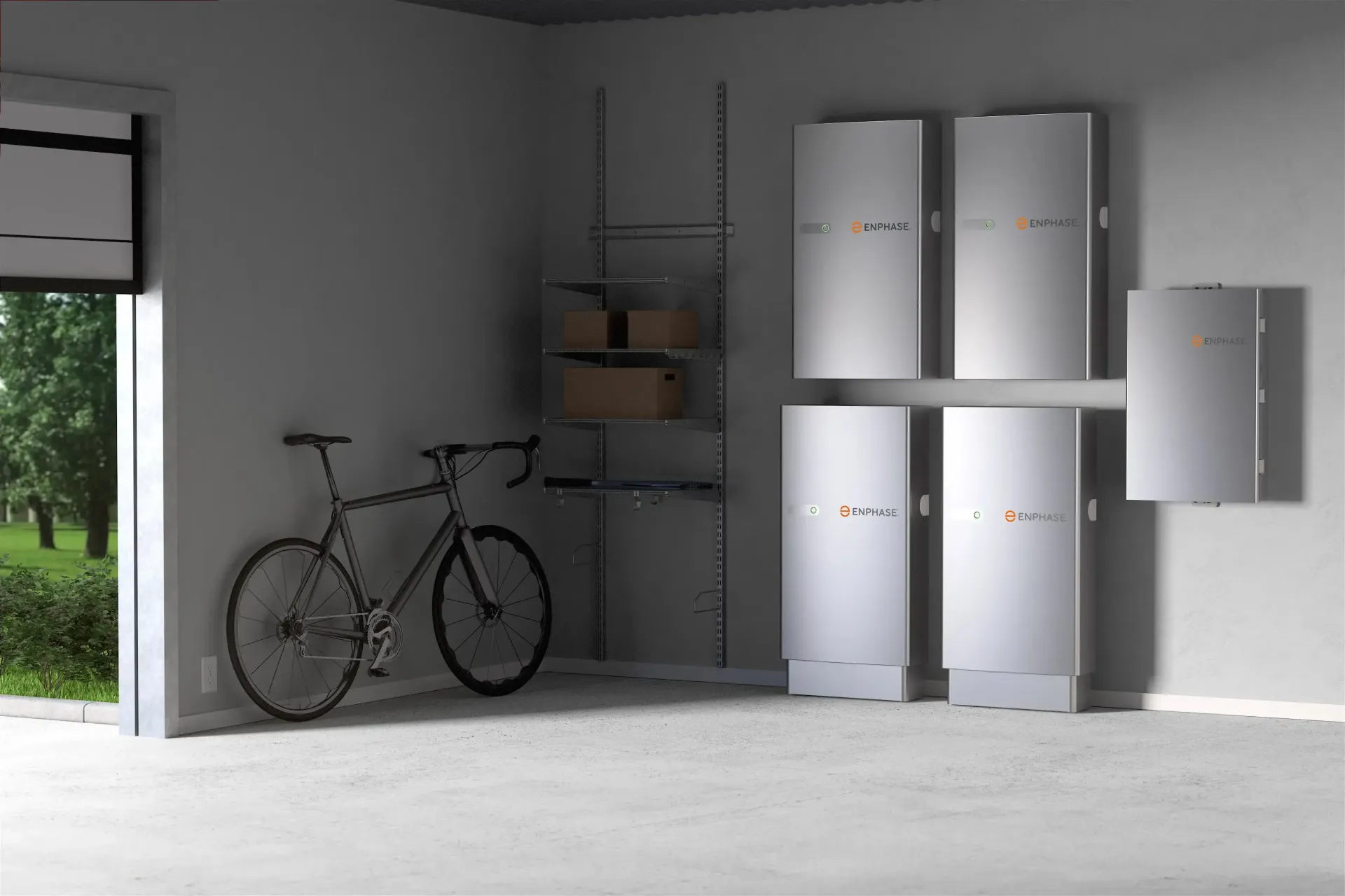 Minimalist garage with a bicycle, wall shelves, and stacked white storage cabinets.