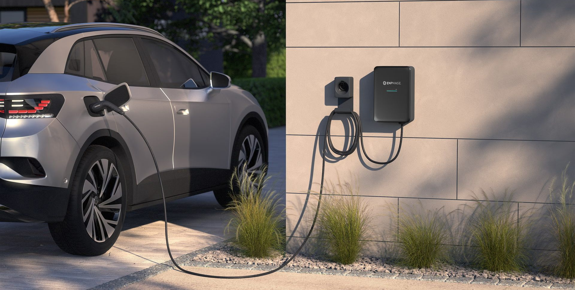 Silver SUV charging at a wall-mounted EV station beside a beige building