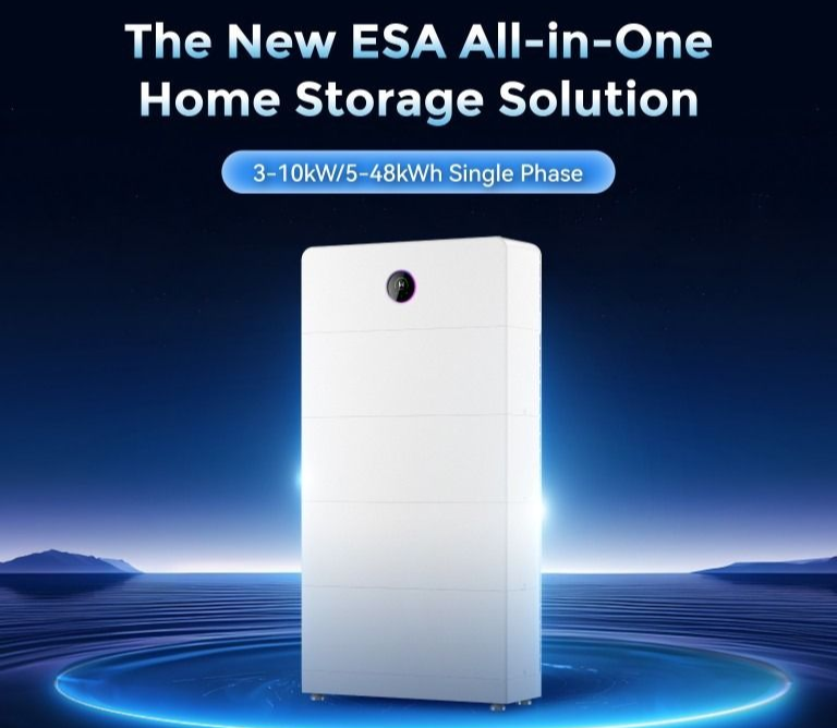 ESA home battery storage system ad with white unit on a blue glowing platform