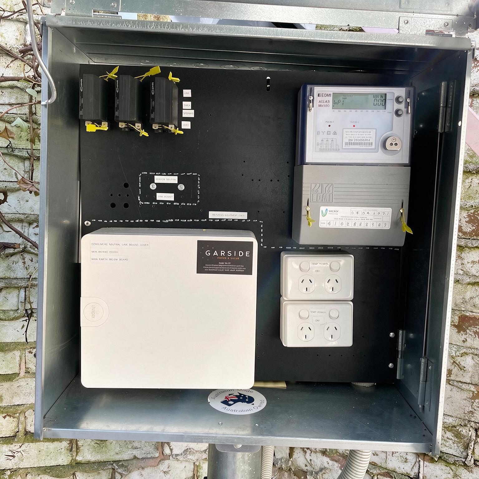 Wall-mounted electrical control panel with switches, meter, and outlets inside a metal cabinet.