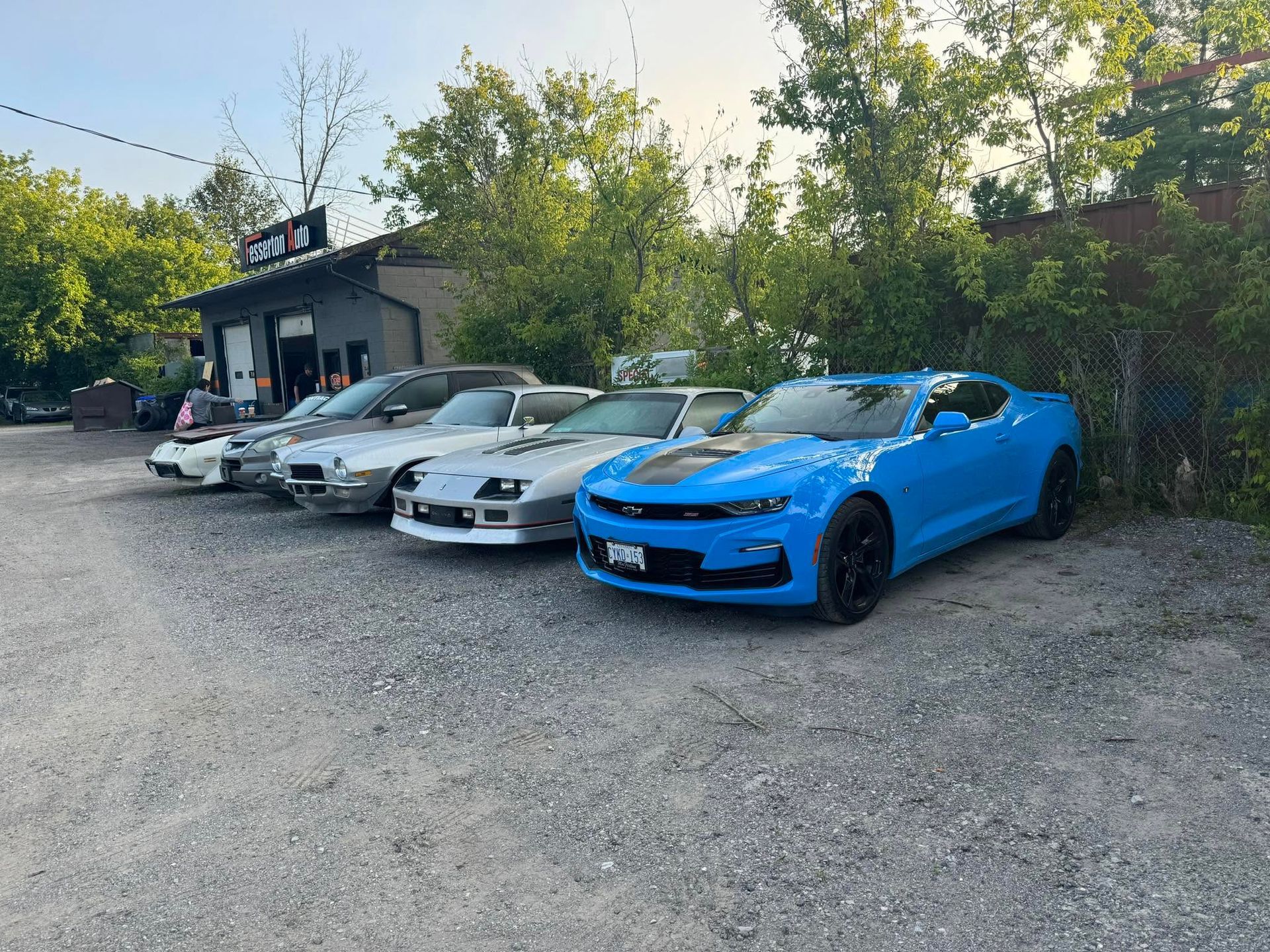 Row of parked sports cars, including a bright blue coupe, on a gravel lot by trees and a small building. | Fesserton Auto