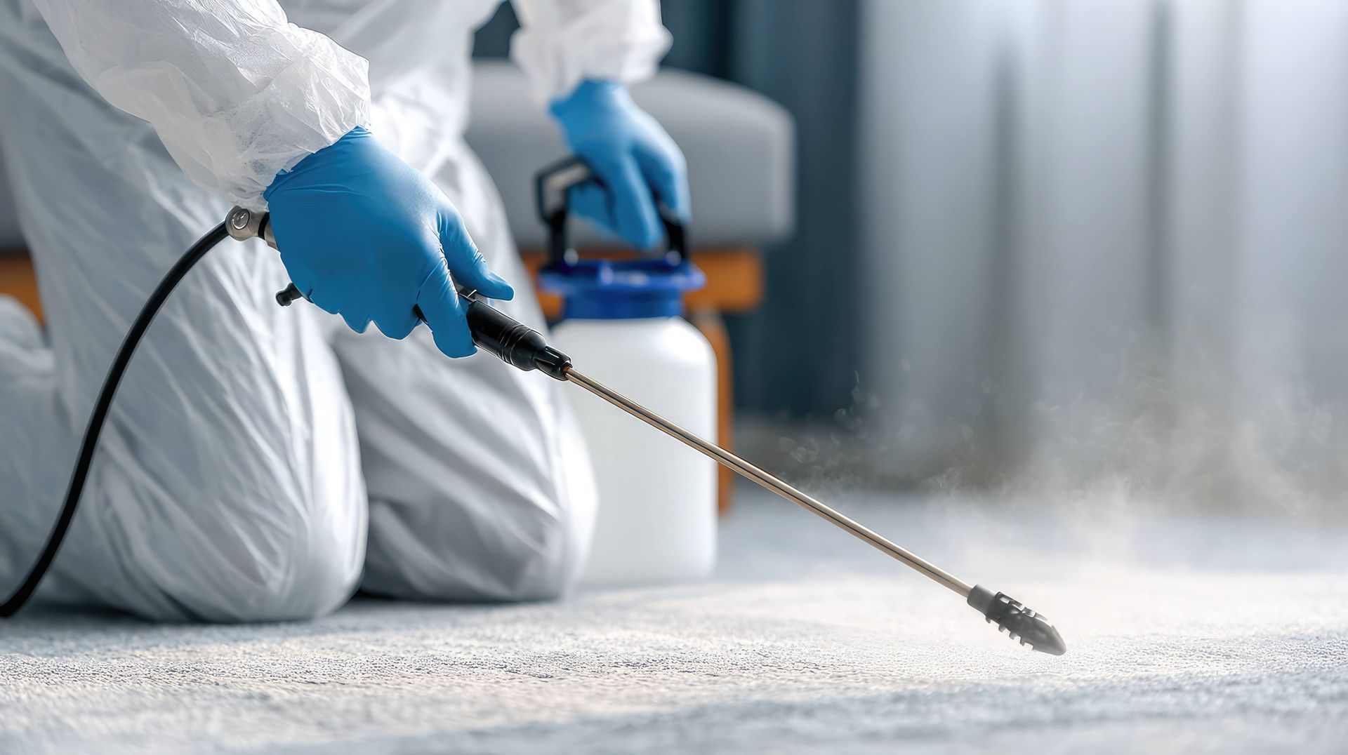 Closeup to a professional pest control worker with protective gear and a sprayer.