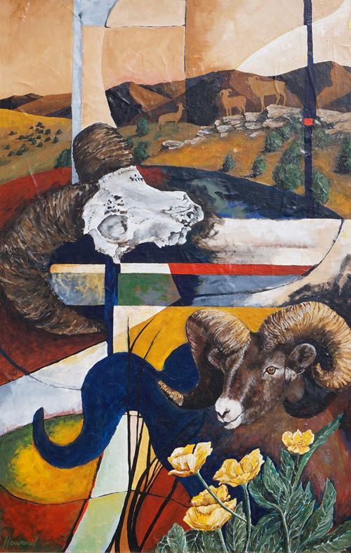 A painting of a ram with a skull in the background
