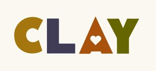 The word clay is written in different colors with a heart in the middle.