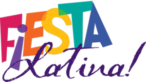 A colorful fiesta latina logo on a white background