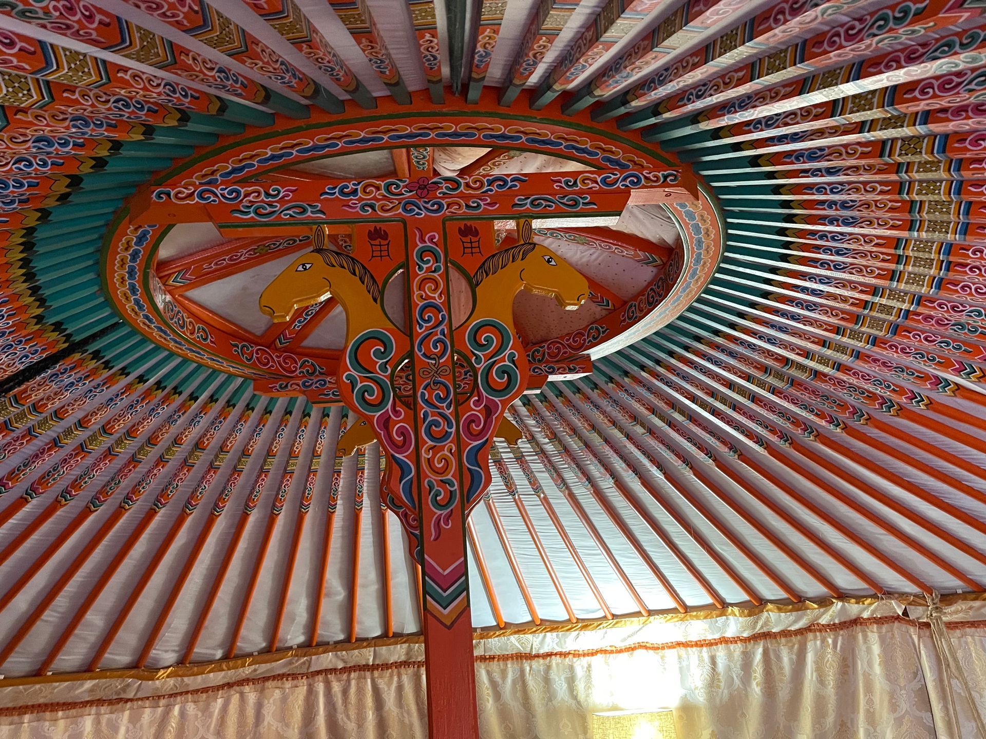 The inside of a yurt with a circular design on the ceiling