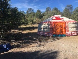 A yurt is sitting in the middle of a dirt field surrounded by trees.