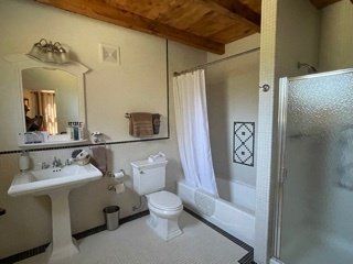 A bathroom with a toilet , sink , shower and bathtub.