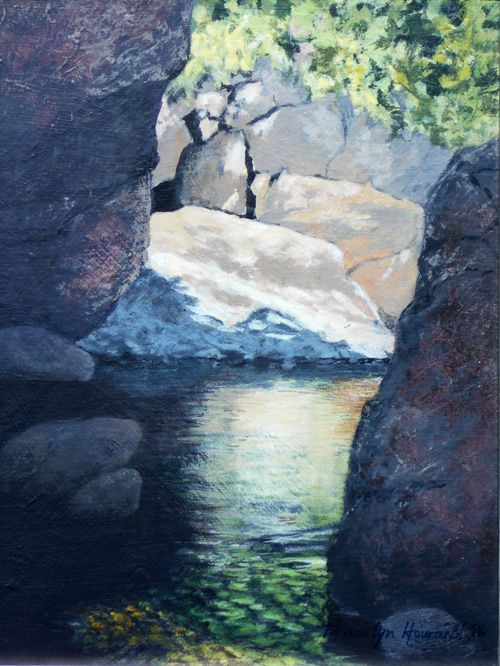 A painting of a river surrounded by rocks and trees