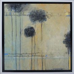 Abstract painting of stylized trees, soft colors. Black and beige, linear patterns.