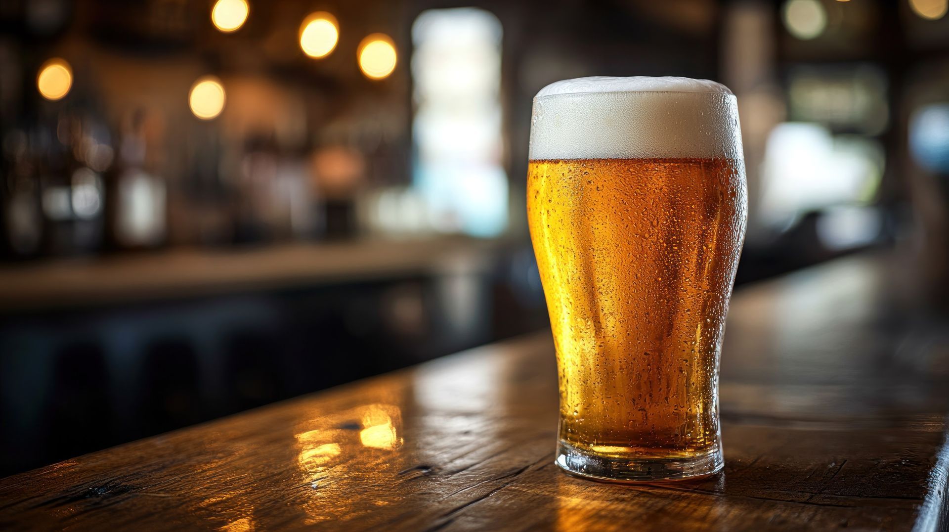 Pint of beer on a wooden bar with warm, blurred pub lights in the background