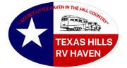 Texas Hills RV Haven logo with red, white and blue Texas flag, RV and slogan &ldquo;Secret little haven in the hill country.&rdquo;