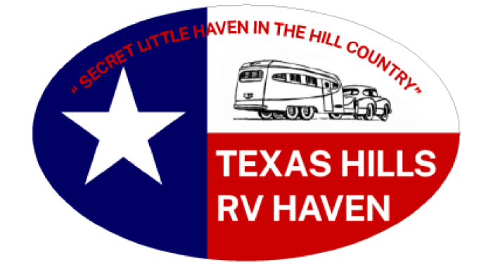 Texas Hills RV Haven logo with red, white and blue Texas flag, RV and slogan &ldquo;Secret little haven in the hill country.&rdquo;