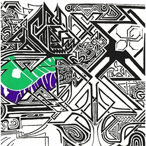 Abstract black and white art with geometric shapes; a green and purple wavy area is in the center.