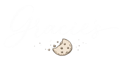 A white logo with a cookie with a bite taken out of it.