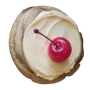 Frosted cookie topped with a cherry.