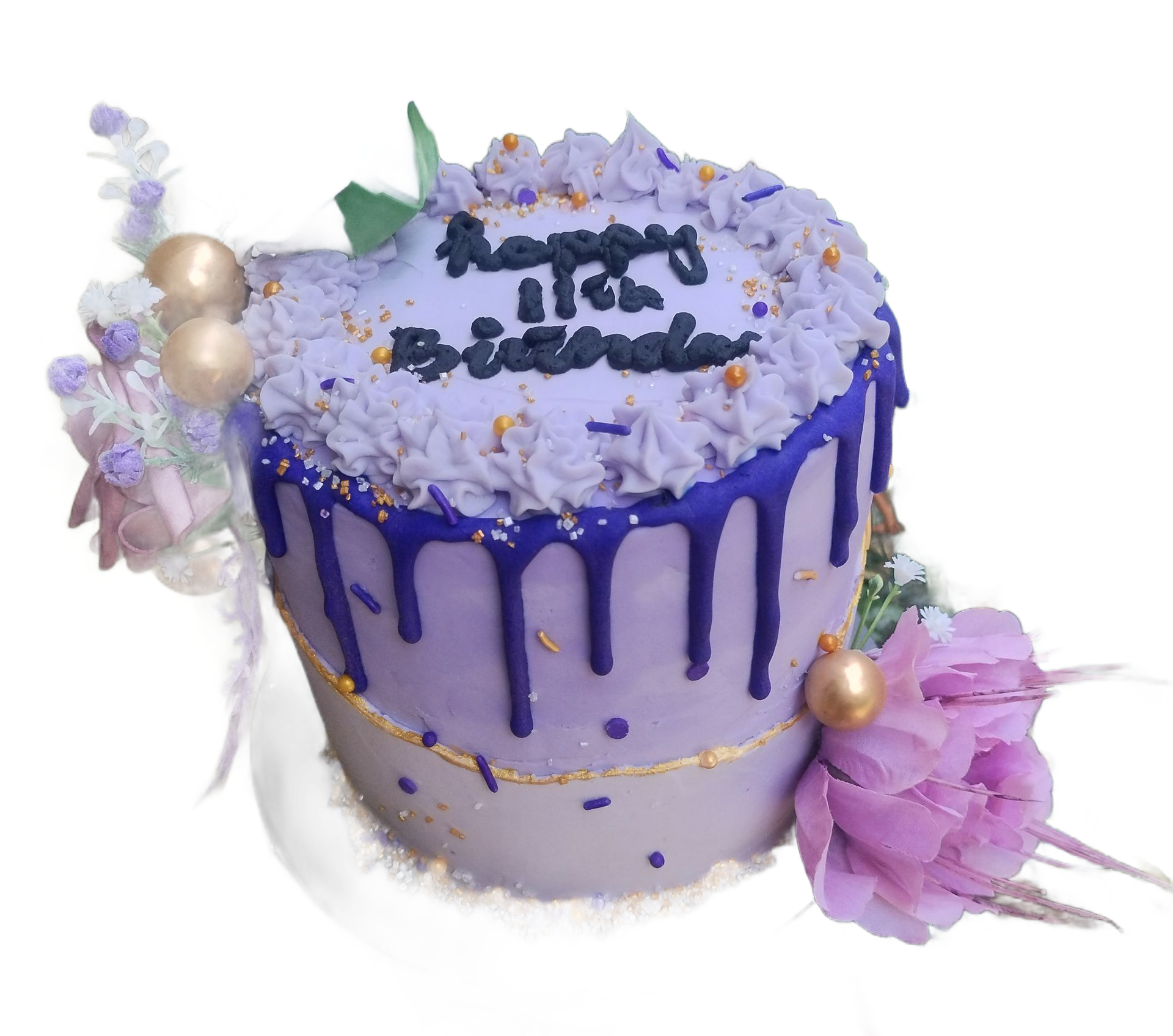 Purple birthday cake with frosting,