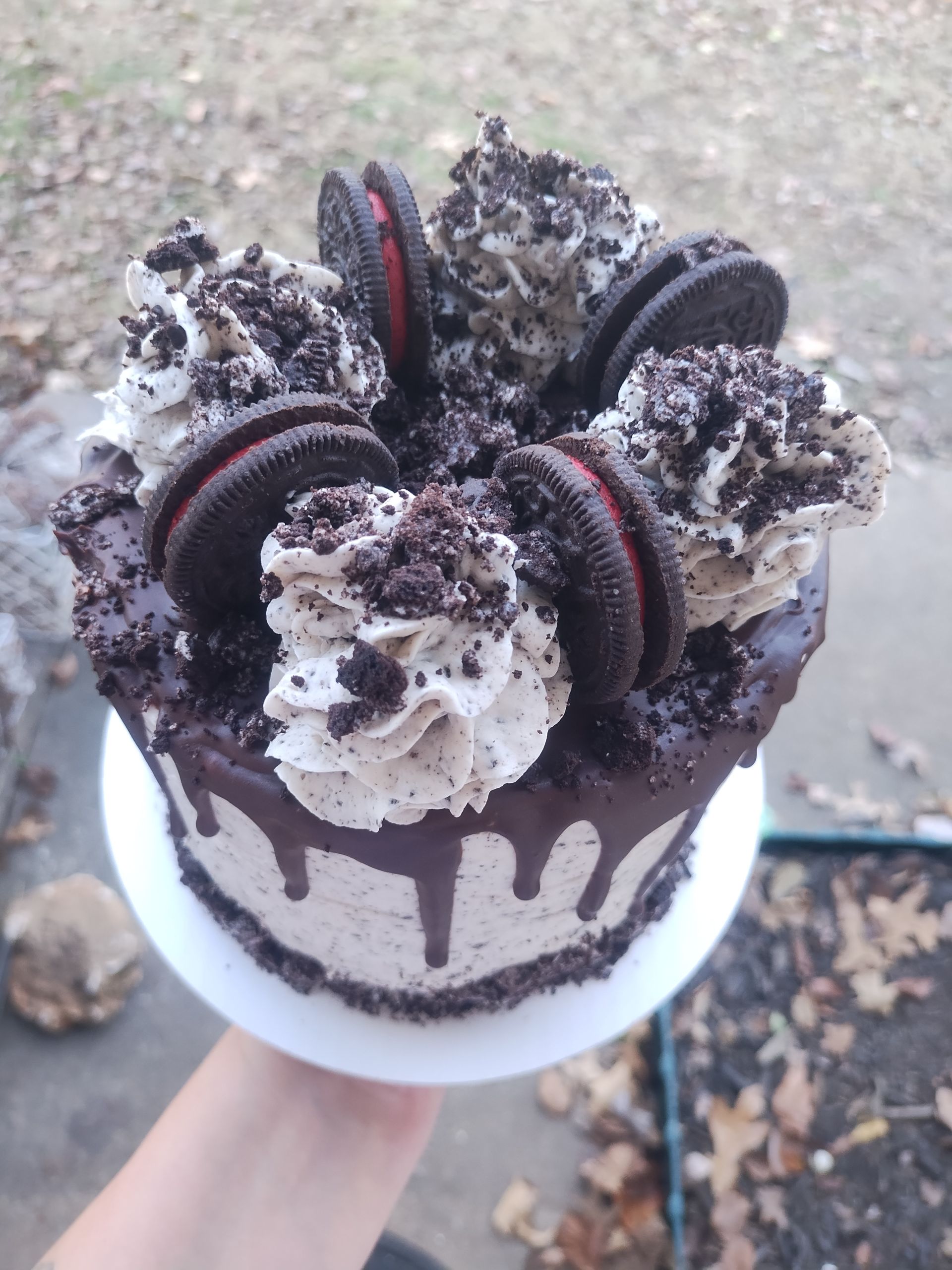 Oreo cake with chocolate drip, whipped cream, and cookie crumbles, held against outdoor setting.