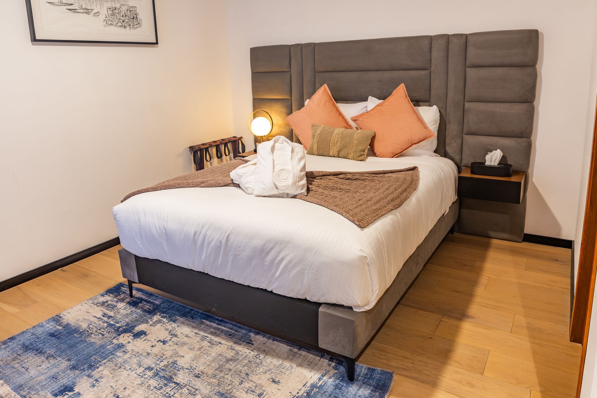 Una habitación de hotel con una cama tamaño king y una alfombra.
