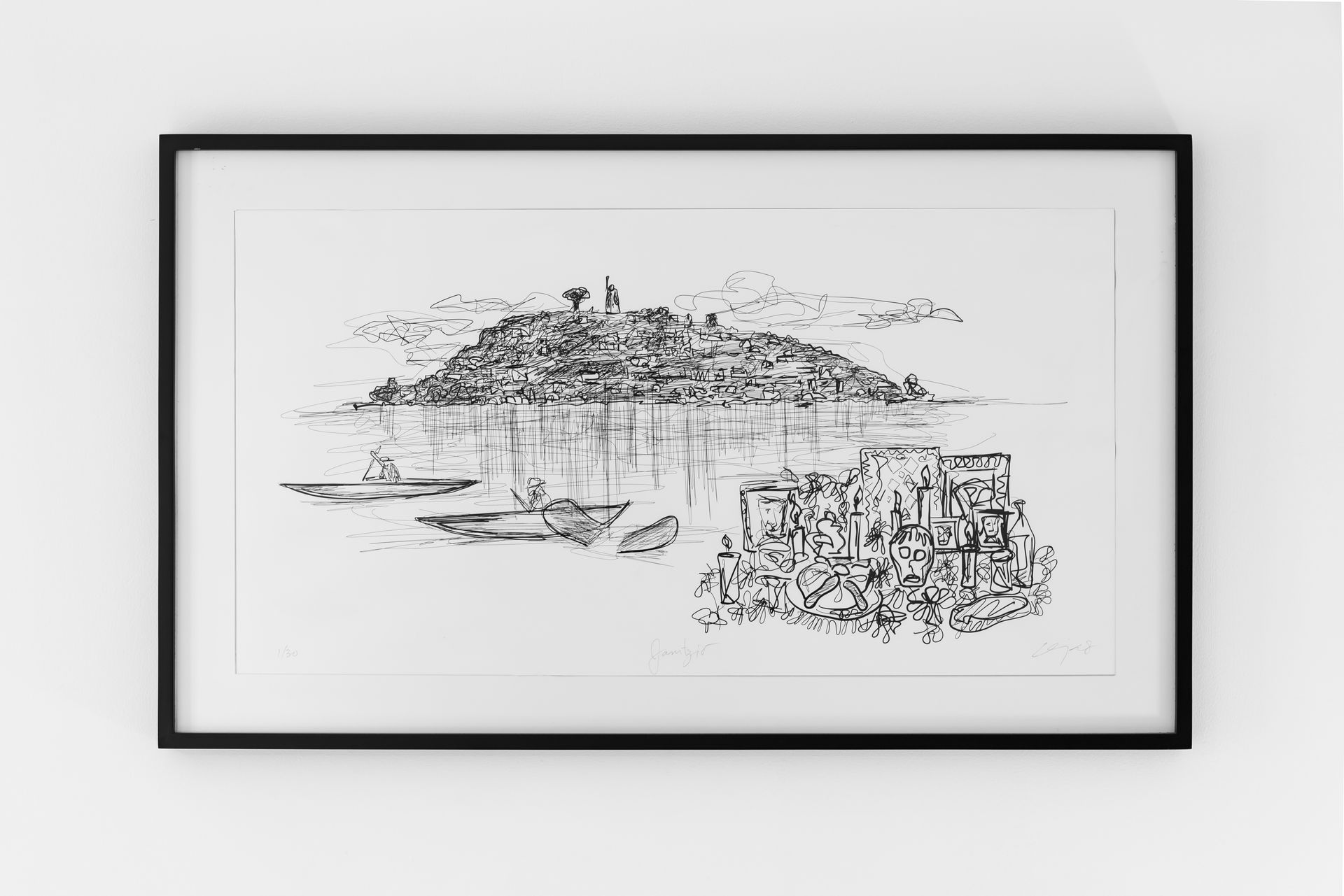 Un dibujo en blanco y negro de una pequeña isla en medio de un cuerpo de agua.