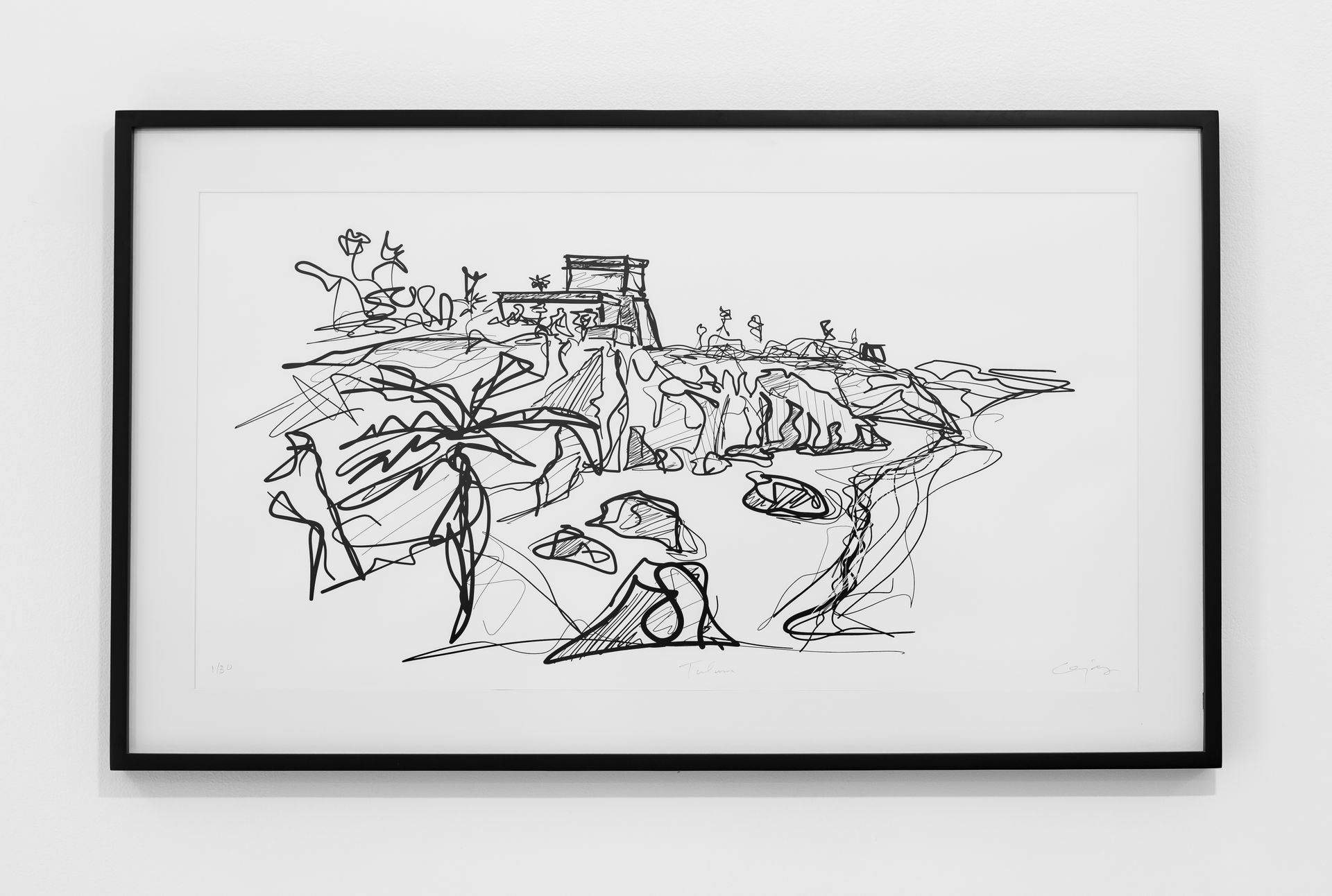 Un dibujo en blanco y negro de un paisaje en un marco en una pared.