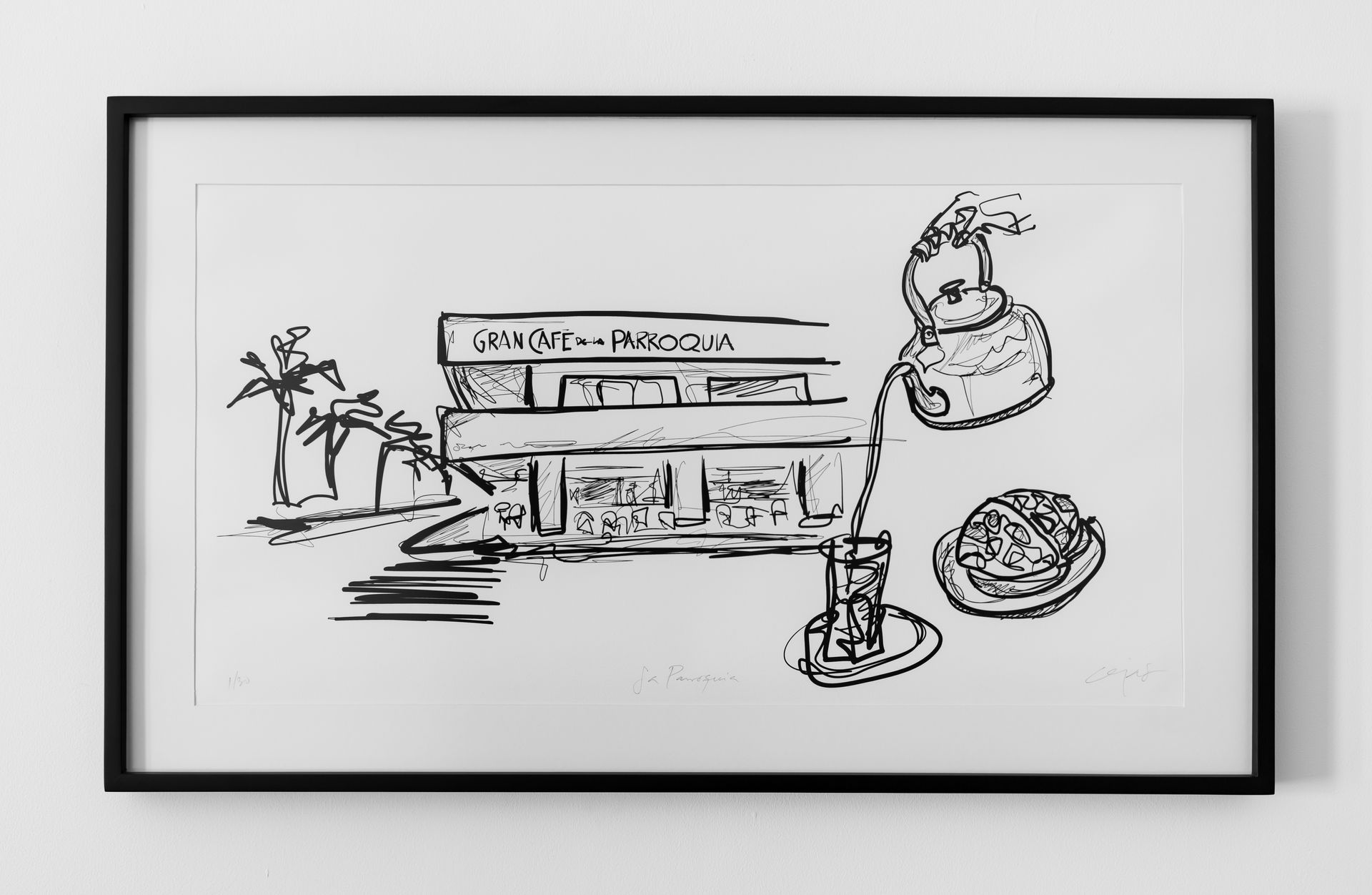 Un dibujo en blanco y negro de un restaurante con un pastel y una pizza.