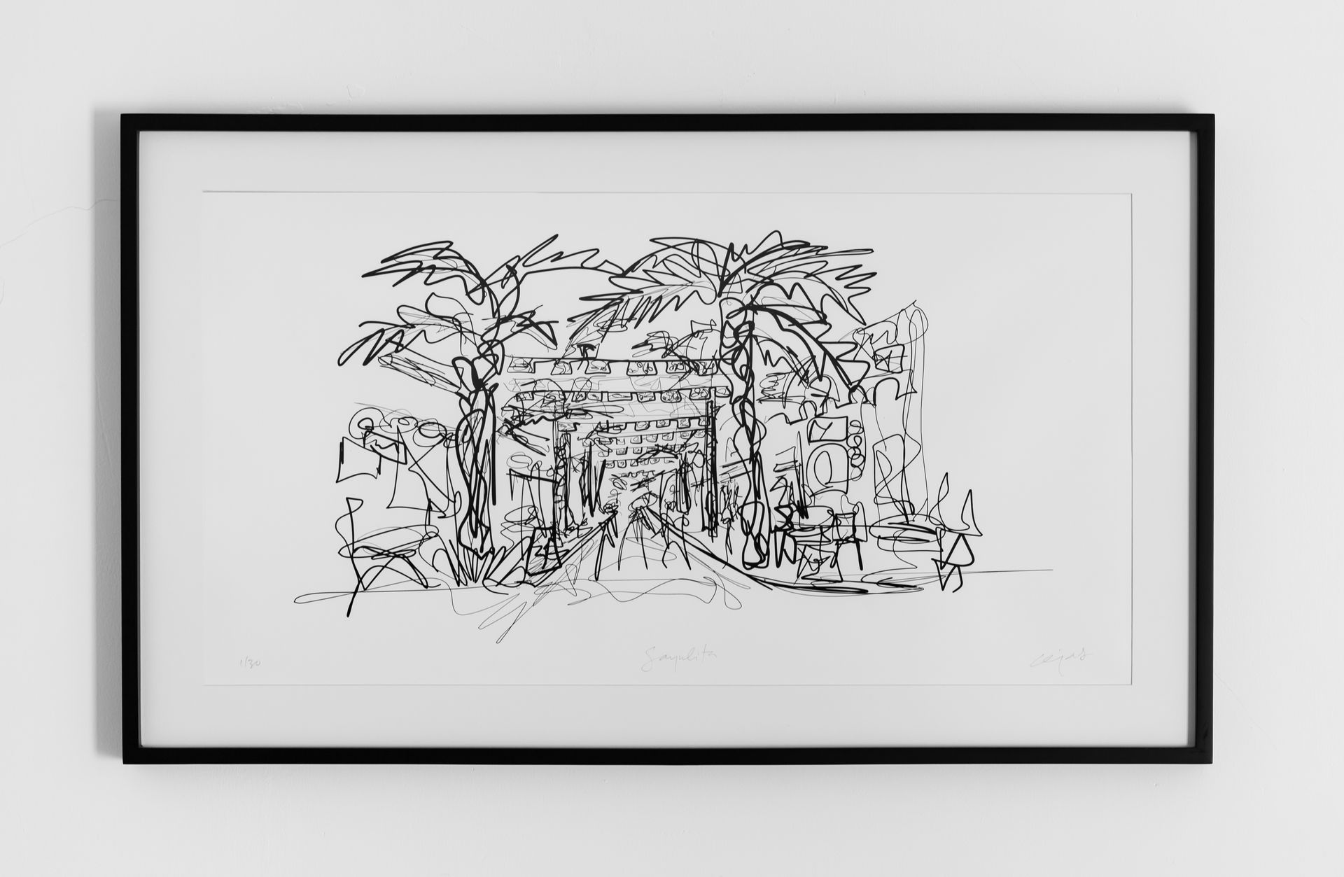Un dibujo en blanco y negro de una casa con palmeras.