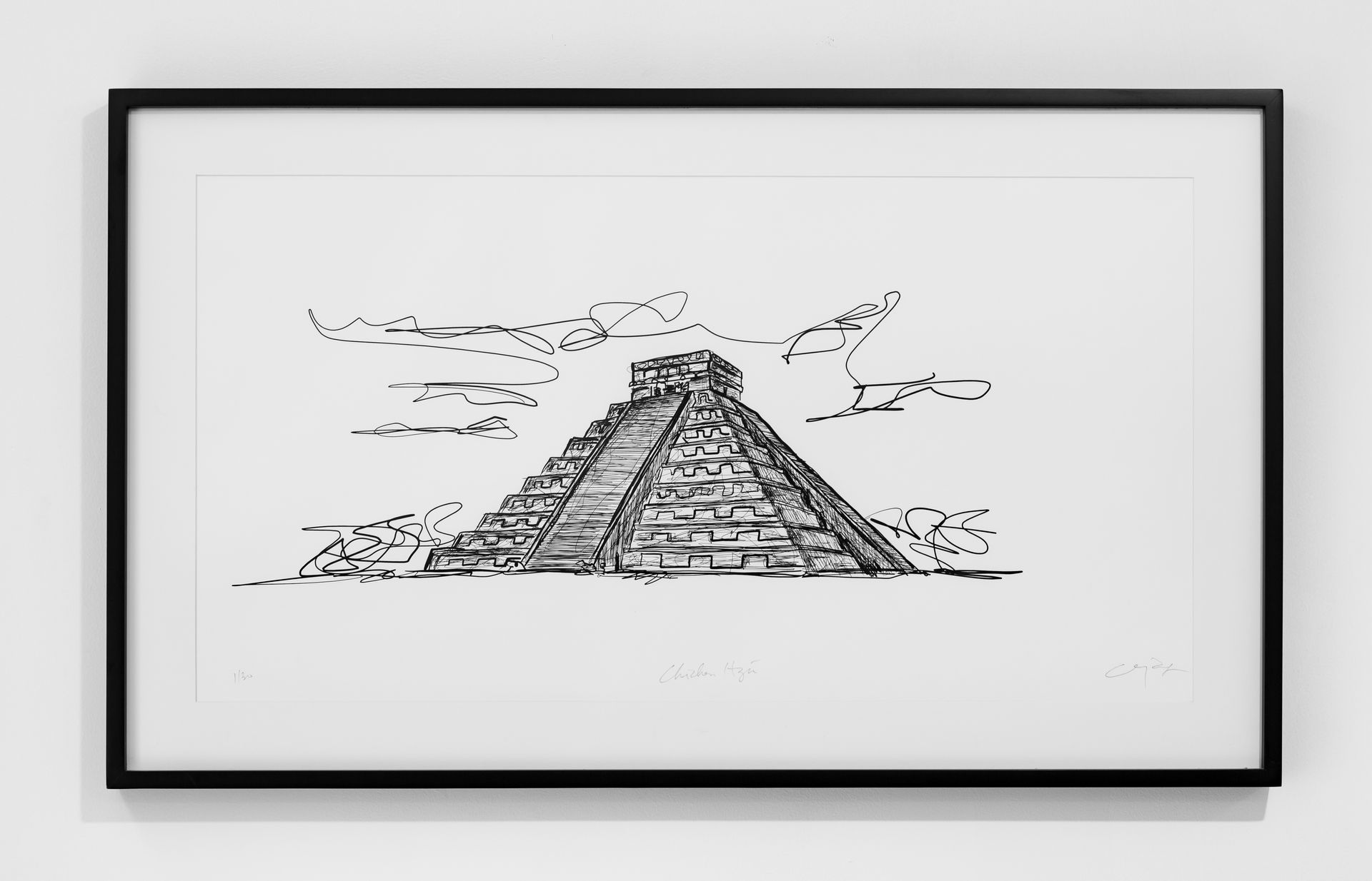Un dibujo en blanco y negro de una pirámide en un marco.