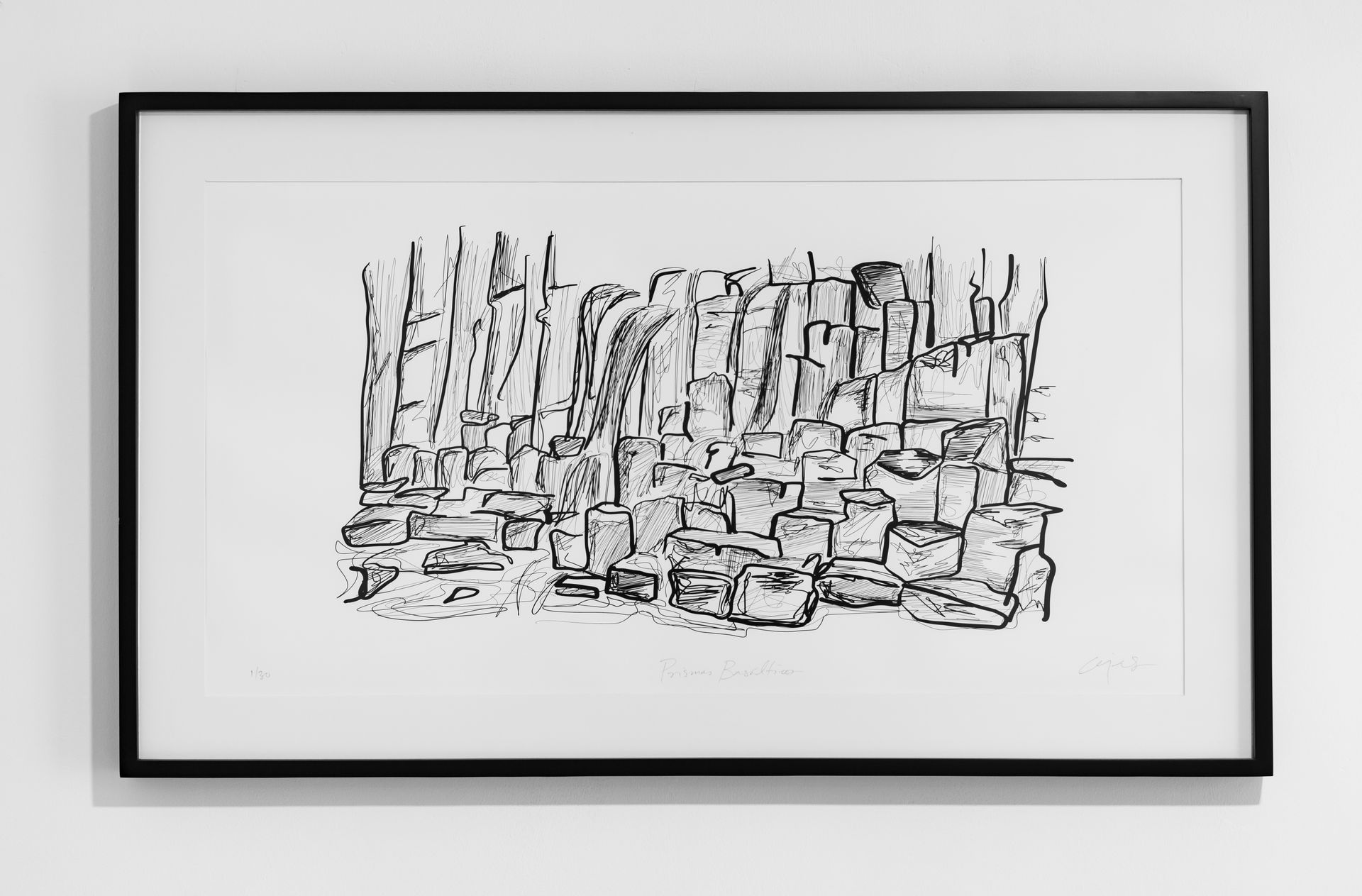 Un dibujo en blanco y negro enmarcado está colgado en una pared.