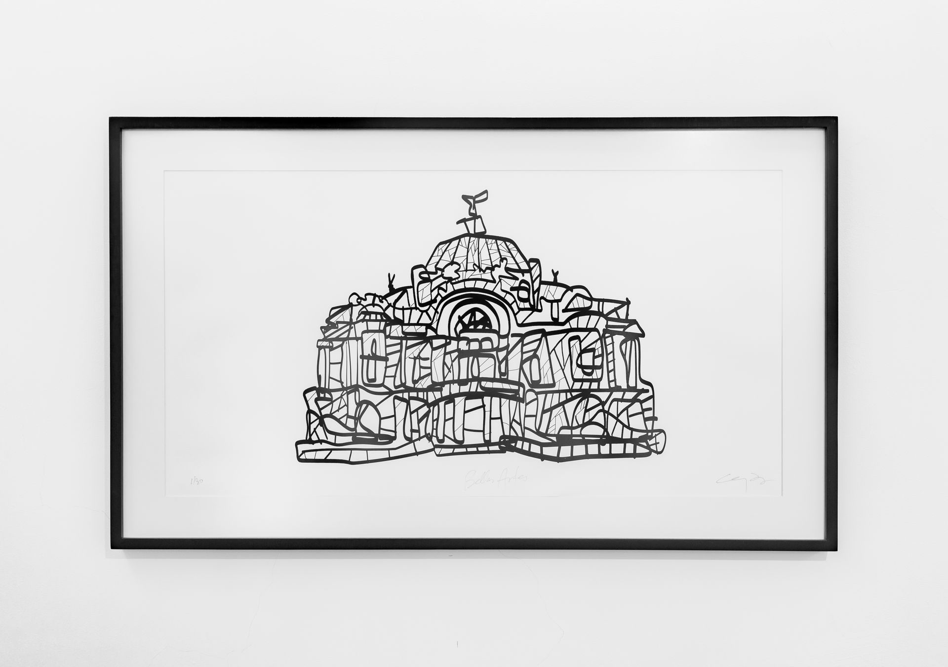 Un dibujo en blanco y negro de un edificio en un marco en una pared.
