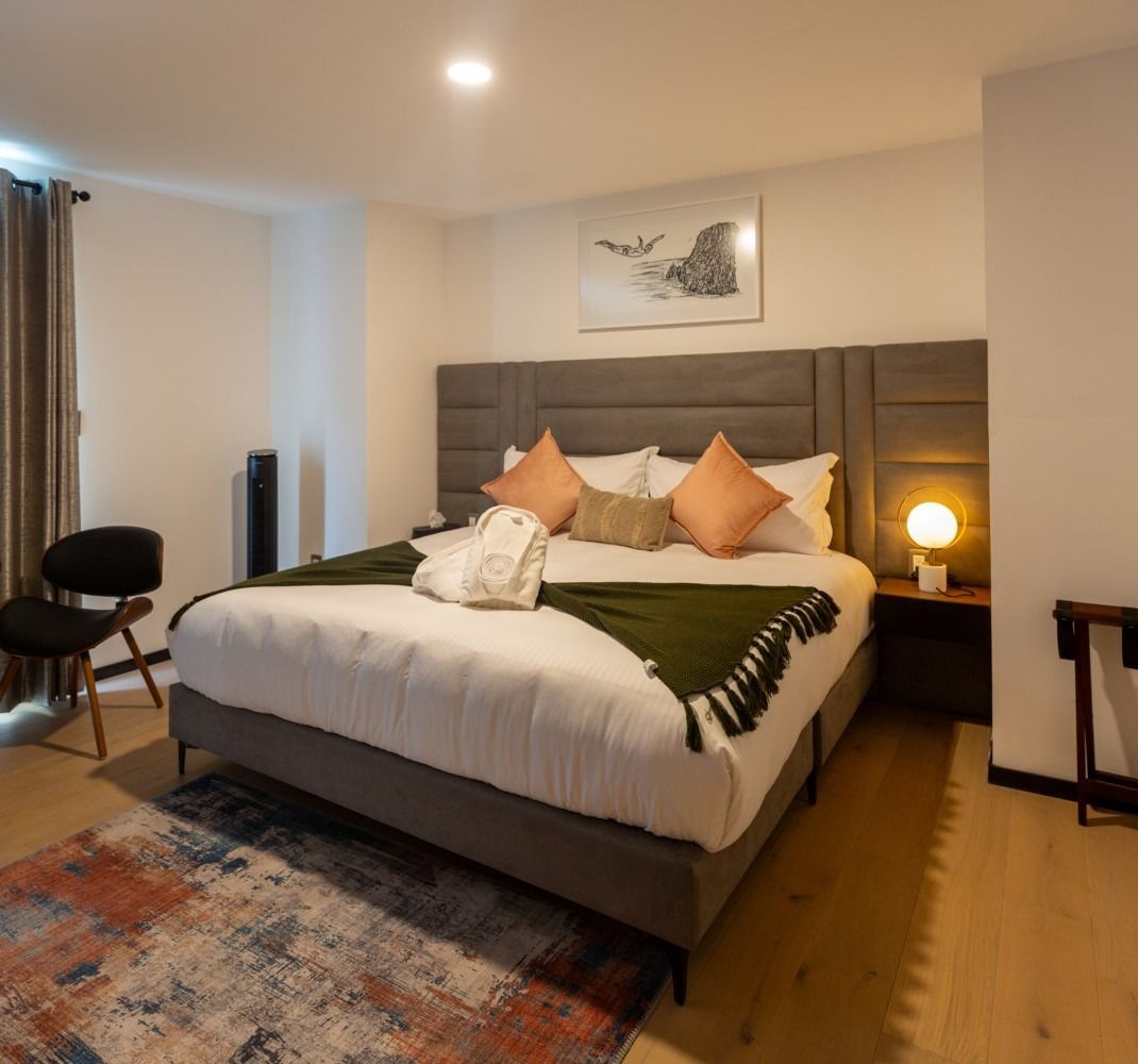 Un dormitorio con una cama grande y una alfombra.