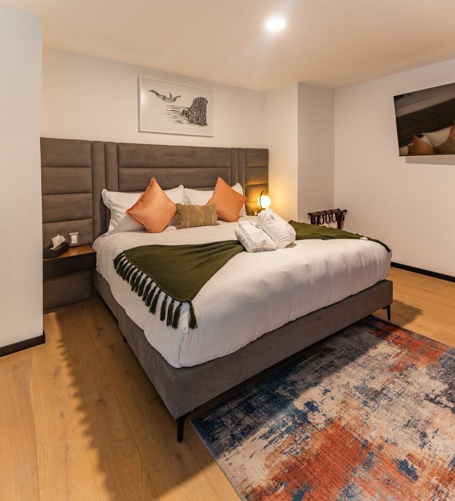 Una habitación de hotel con una cama tamaño king y una alfombra.