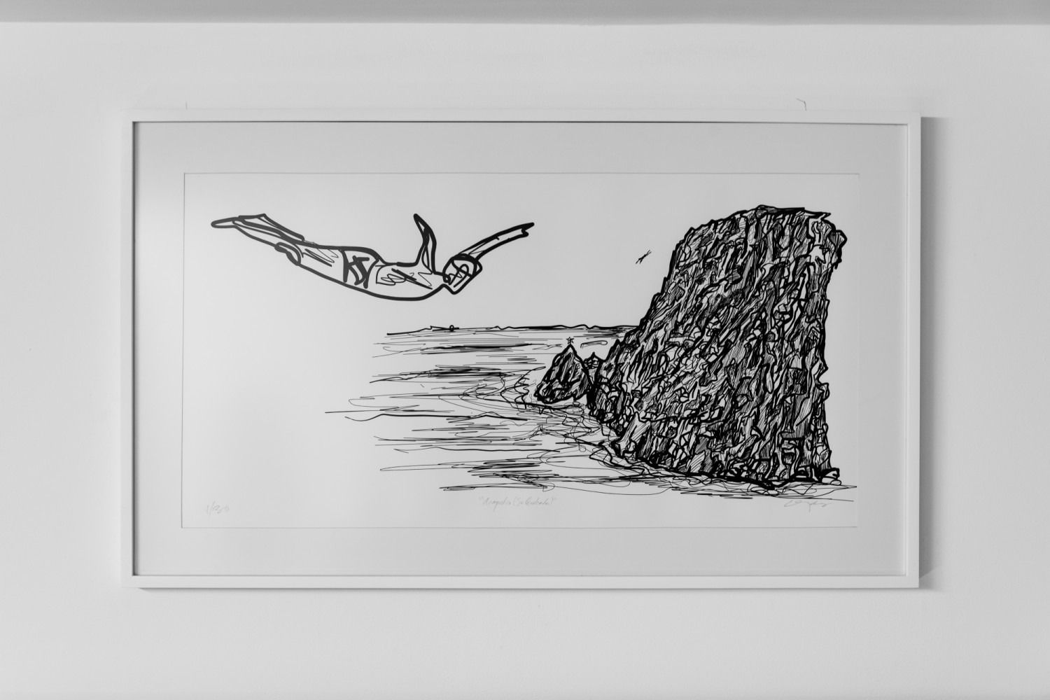 Un dibujo en blanco y negro de una persona buceando en el océano.
