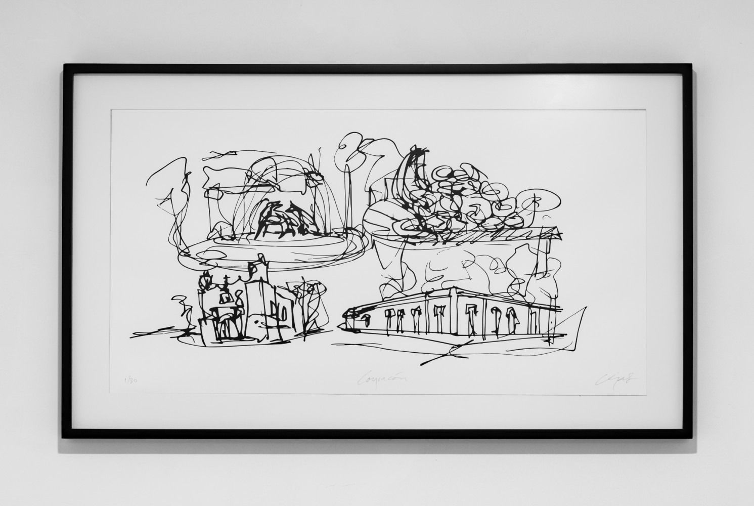 Un dibujo en blanco y negro está colgado en una pared blanca.