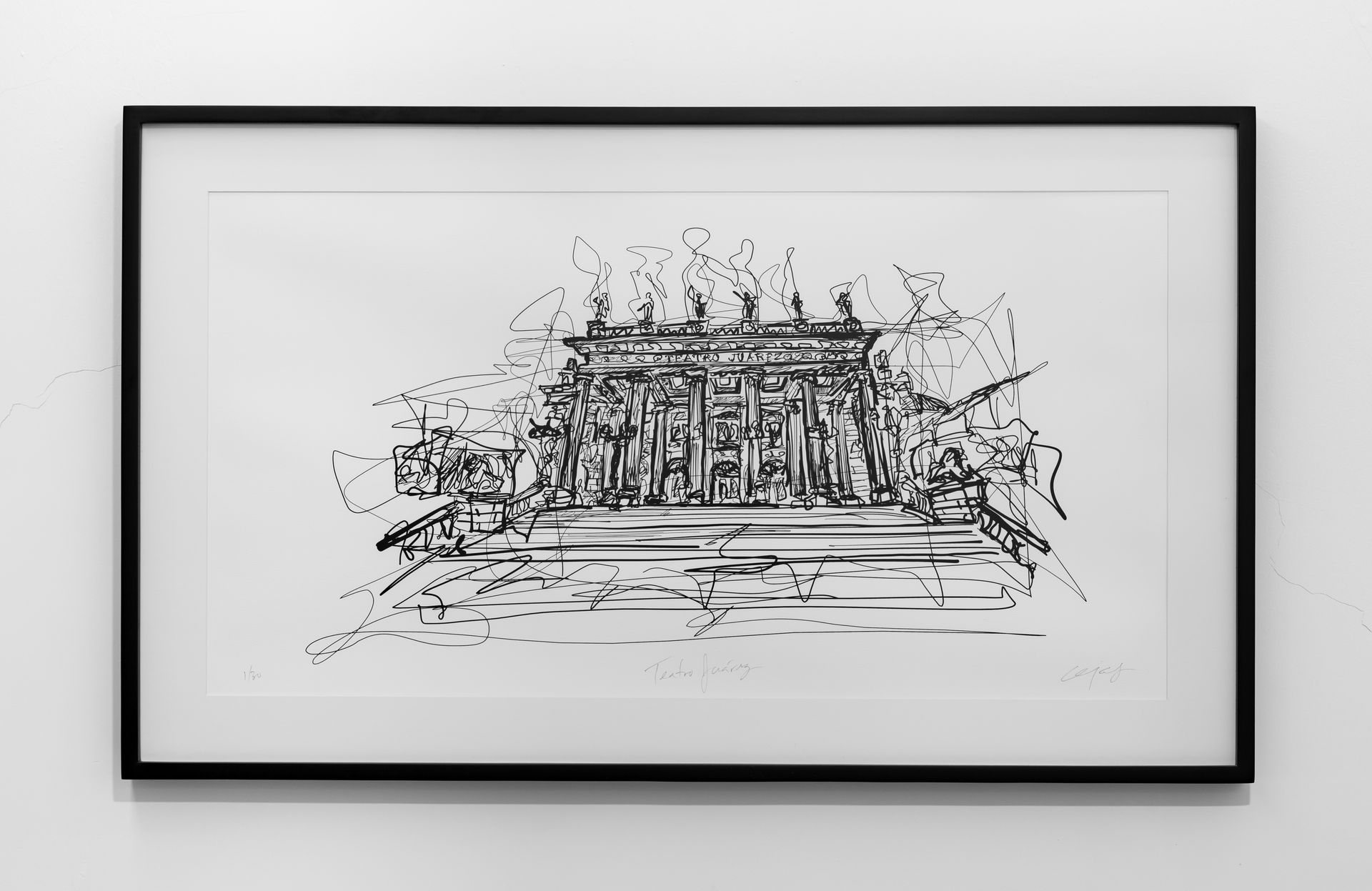 Un dibujo en blanco y negro de un edificio en un marco.