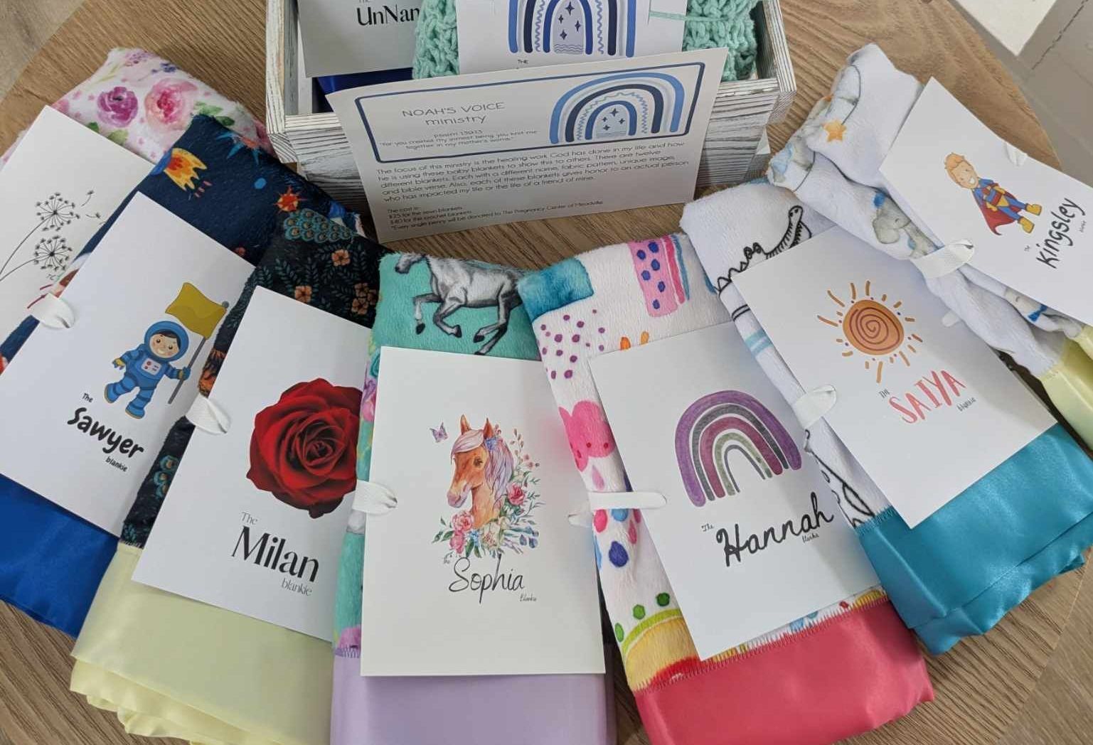 Handcrafted Blessing Blankies that are used in our compassion ministry of faith and healing.