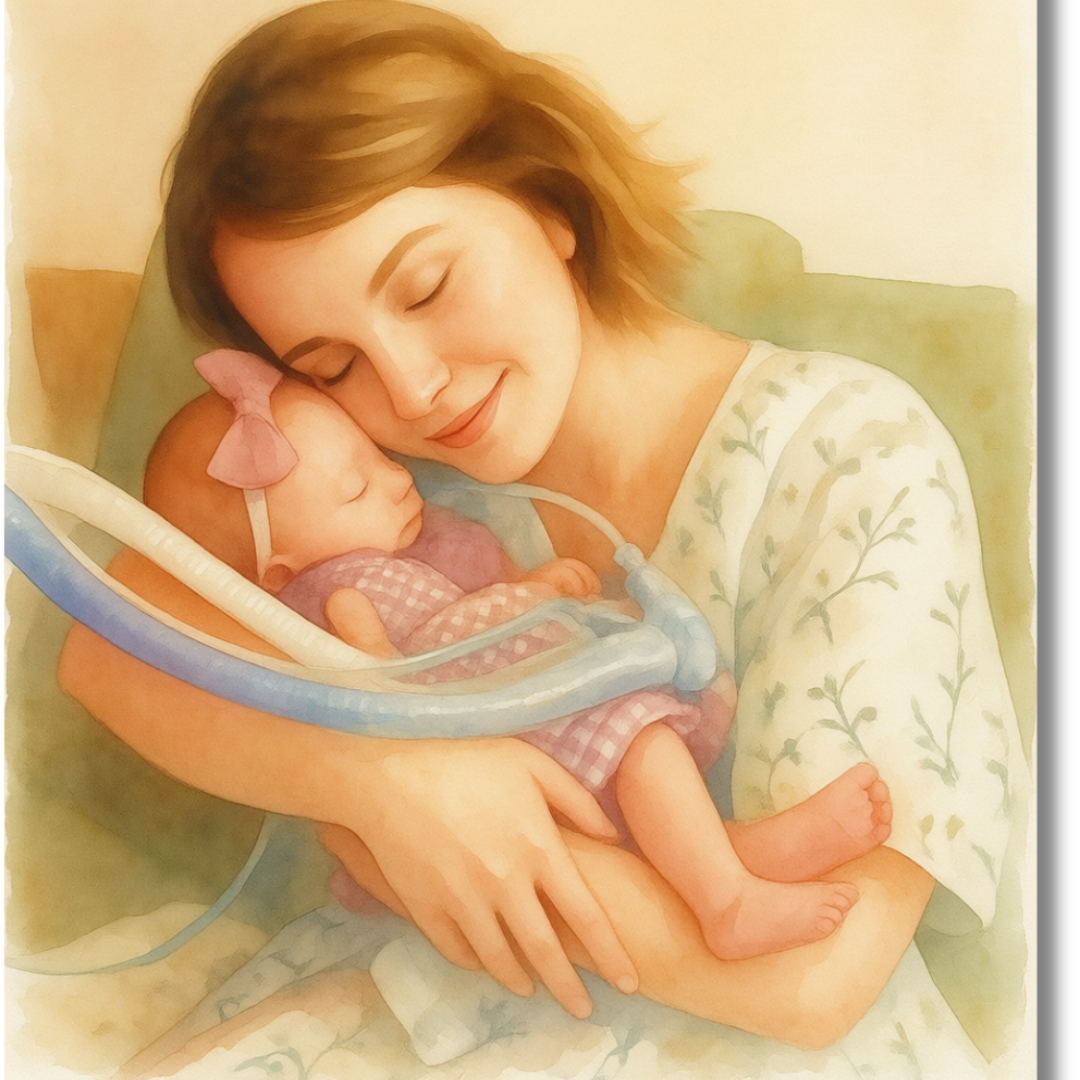 Watercolor of a mother holding her infant daughter who passes away at 3 weeks old.