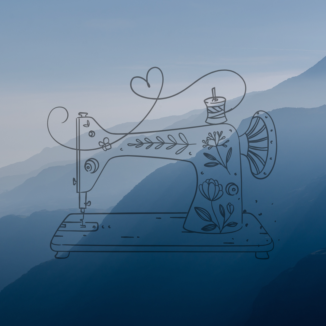 Blue line-art sewing machine with floral accents and heart-shaped thread on a misty blue background