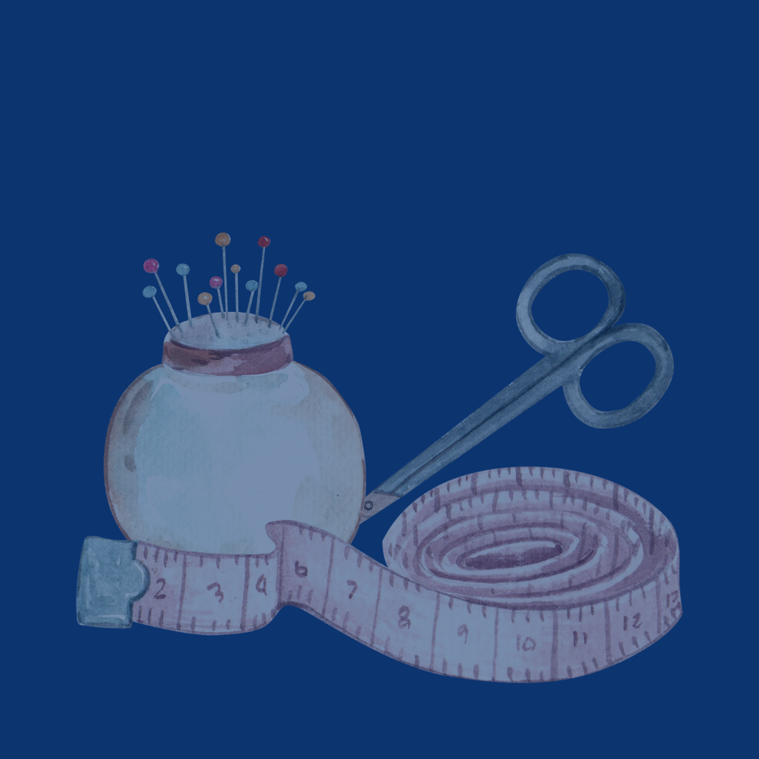Sewing kit with pincushion, scissors, and measuring tape on a blue background
