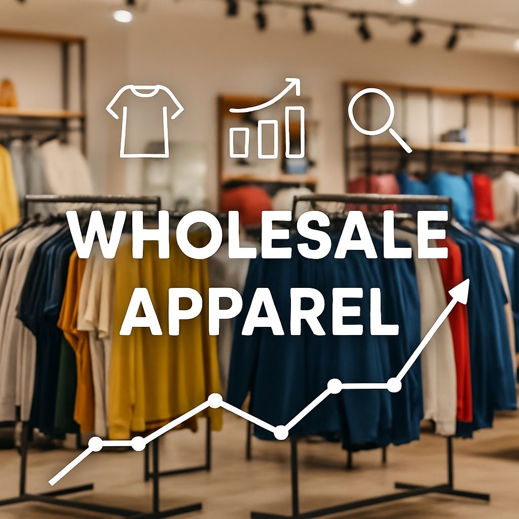 Wholesale apparel display showcasing bulk clothing racks with t shirts, polos, hoodies and everyday