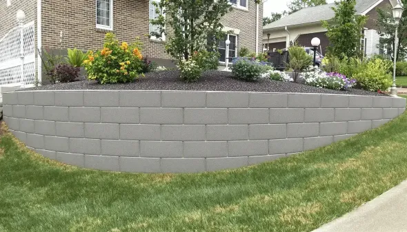 Curved gray retaining wall with flower bed in front of a brick house and green lawn.